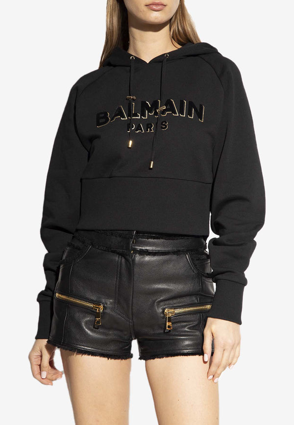 Balmain Logo Cropped Hoodie AF1JP030 BC07-EAD Black