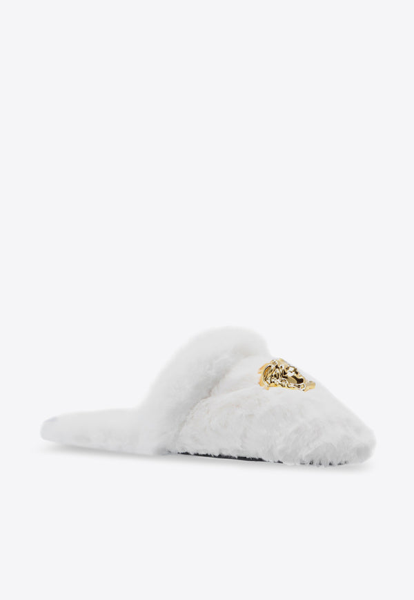 Versace Medusa Plaque Faux-Fur Slippers White ZSL000002 ZPL00011-Z1001