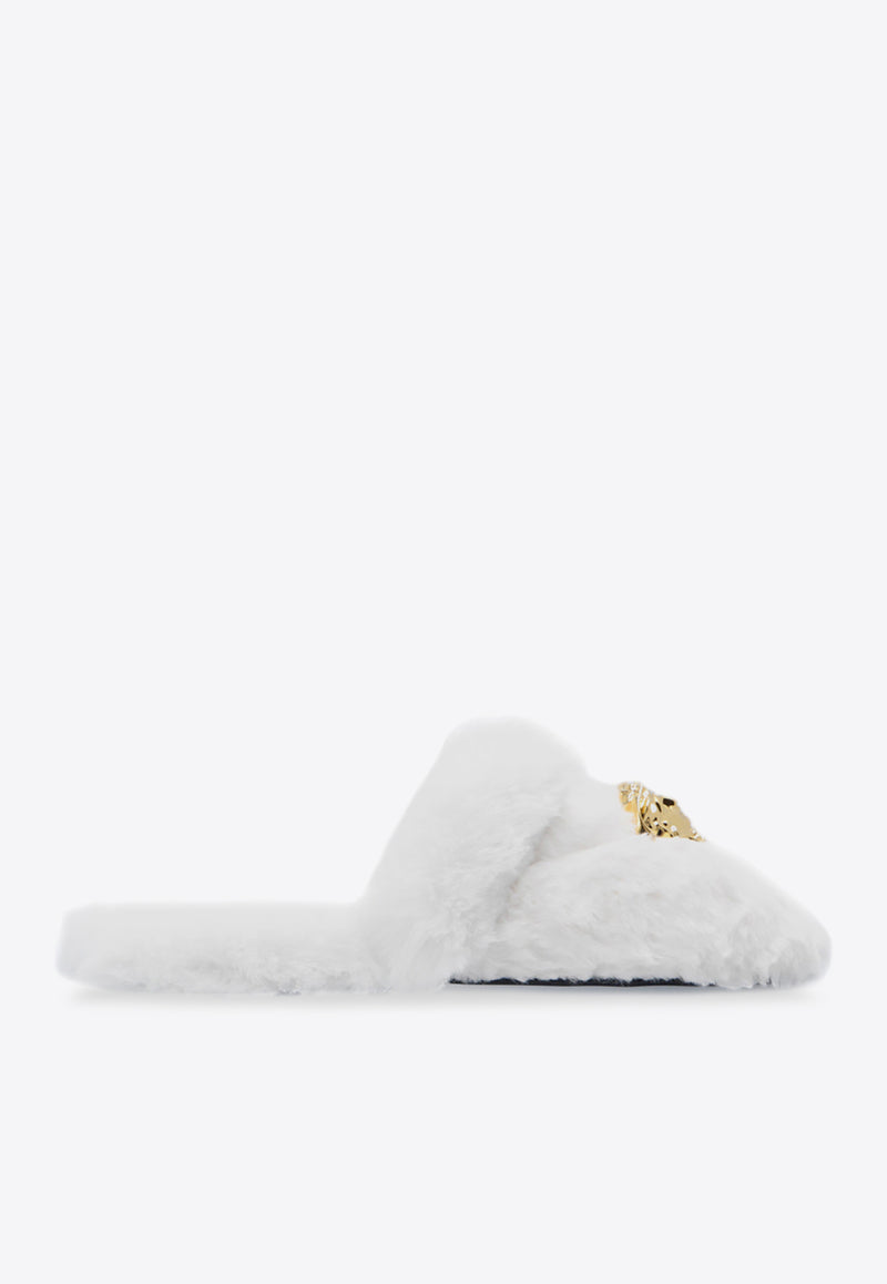 Versace Medusa Plaque Faux-Fur Slippers White ZSL000002 ZPL00011-Z1001