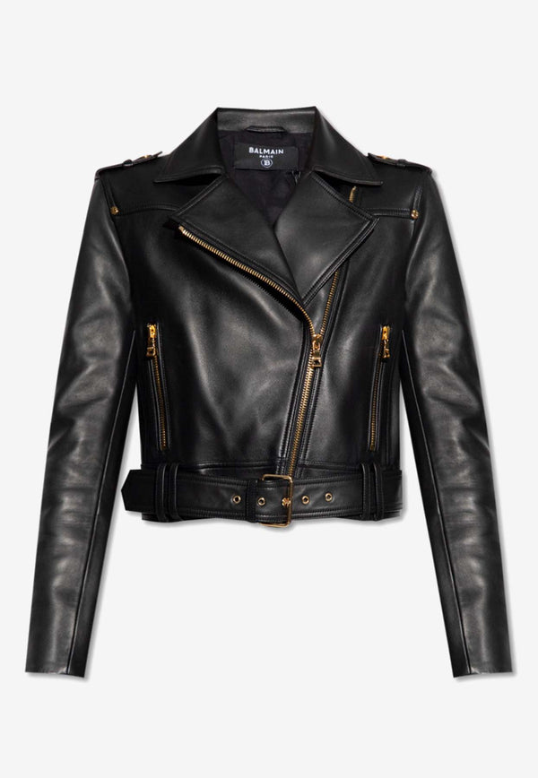 Balmain Cropped Leather Biker Jacket Black AF1TD055 LB24-0PA