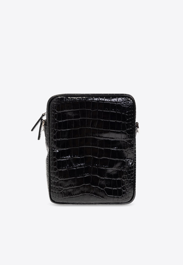 Versace Medusa Biggie Croc-Embossed Leather Crossbody Bag Black 1000721 1A08711-1B00P
