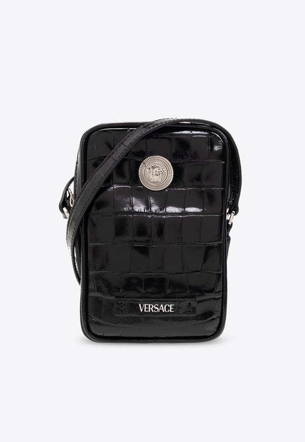 Versace Small Medusa Biggie Croc-Embossed Leather Crossbody Bag Black 1006192 1A08711-1B00P