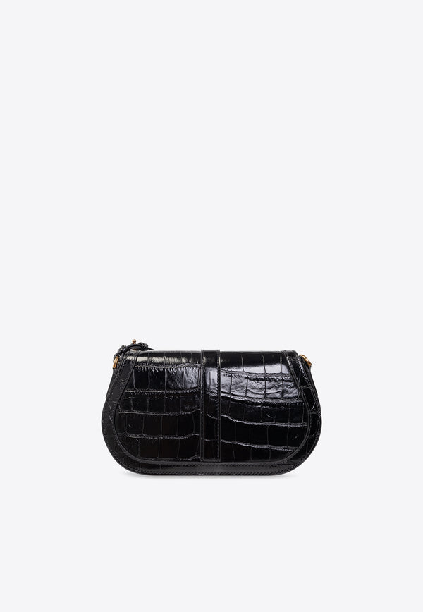 Versace Greca Goddess Croc-Embossed Leather Shoulder Bag Black 1007128 1A08724-1B00V