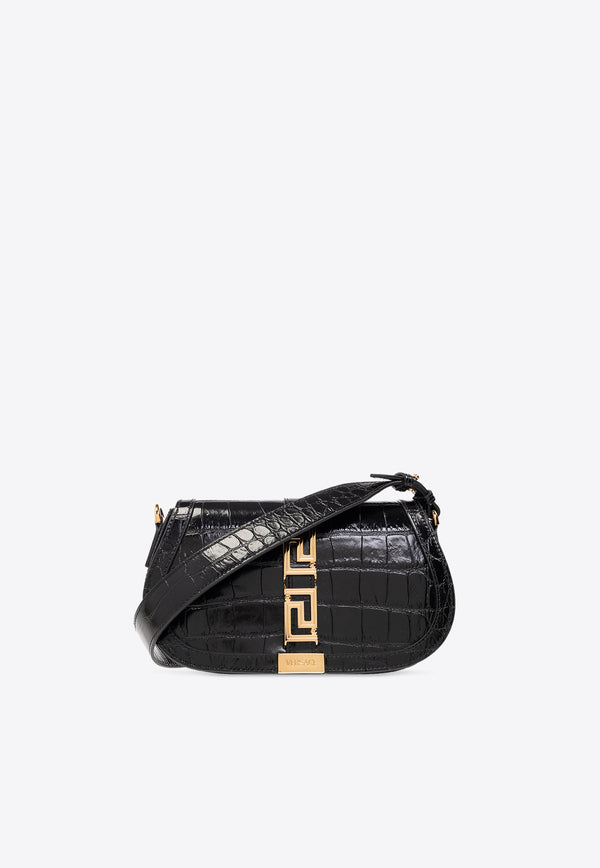 Versace Greca Goddess Croc-Embossed Leather Shoulder Bag Black 1007128 1A08724-1B00V