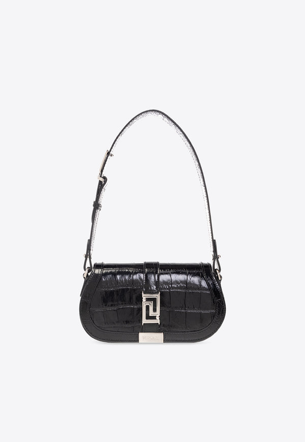 Versace Mini Greca Goddess Shoulder Bag in Croc-Embossed Leather Black 1010951 1A08724-1B00P