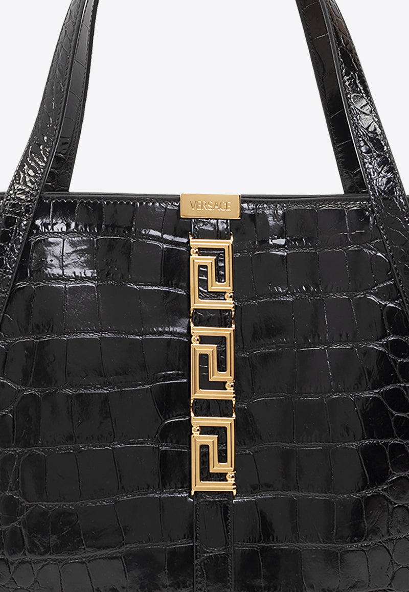 Versace Large Greca Goddess Tote Bag in Croc-Embossed Leather Black 1011570 1A08724-1B00V