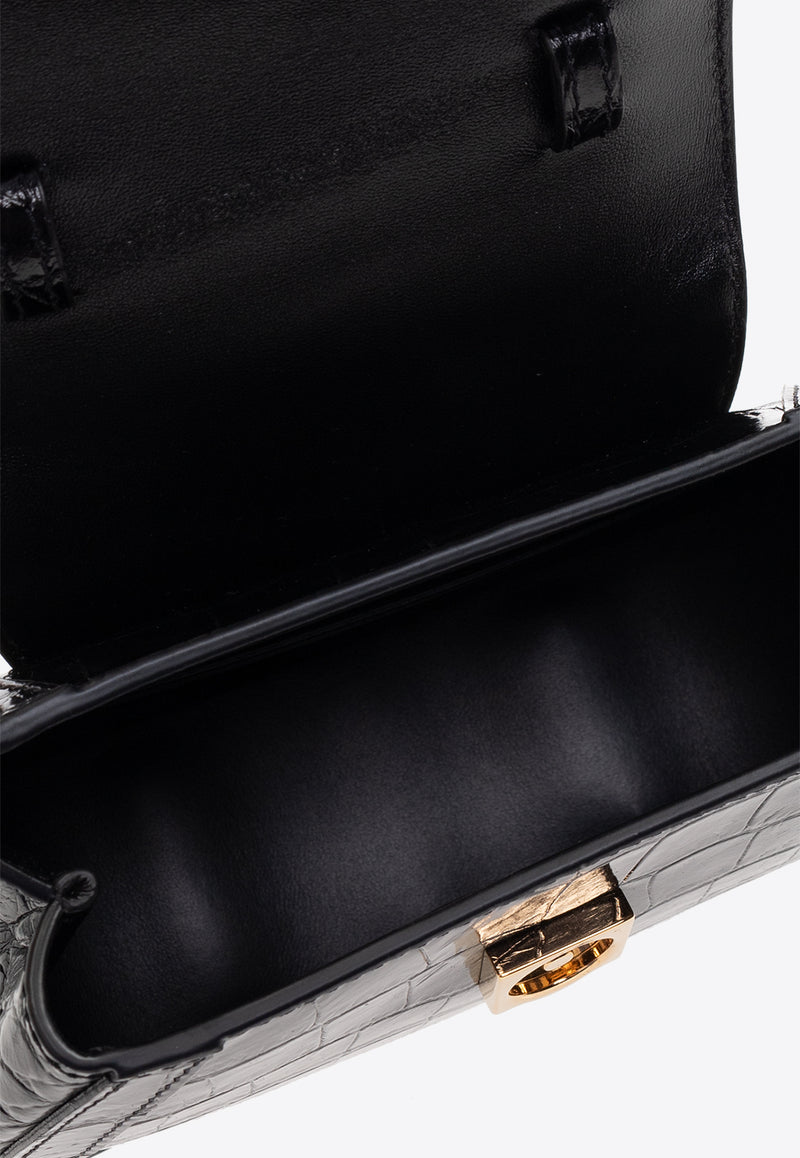 Versace Mini Greca Goddess Crossbody Bag in Croc-Embossed Leather Black 1012106 1A08724-1B00V