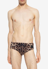 Dolce & Gabbana Leopard Print Logo Plaque Swim Briefs Brown 61123190 / 62171000