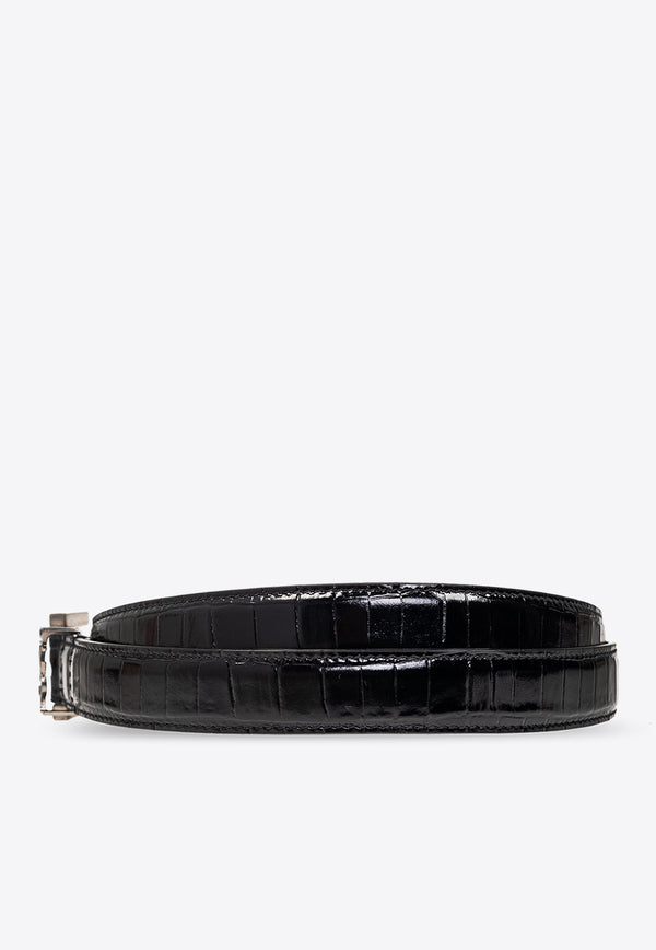 Saint Laurent Cassandre Croc-Embossed Leather Belt Black 612616 AAIW1-1000