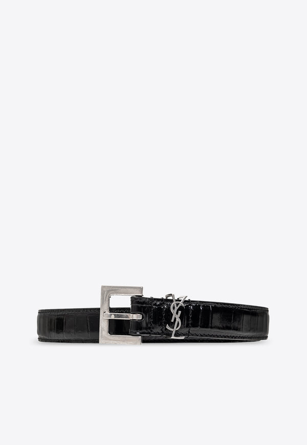 Saint Laurent Cassandre Croc-Embossed Leather Belt Black 612616 AAIW1-1000