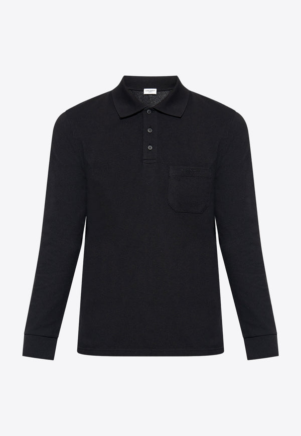 Saint Laurent Logo Embroidered Long-Sleeved Polo T-shirt Black 750525 Y37HC-1000