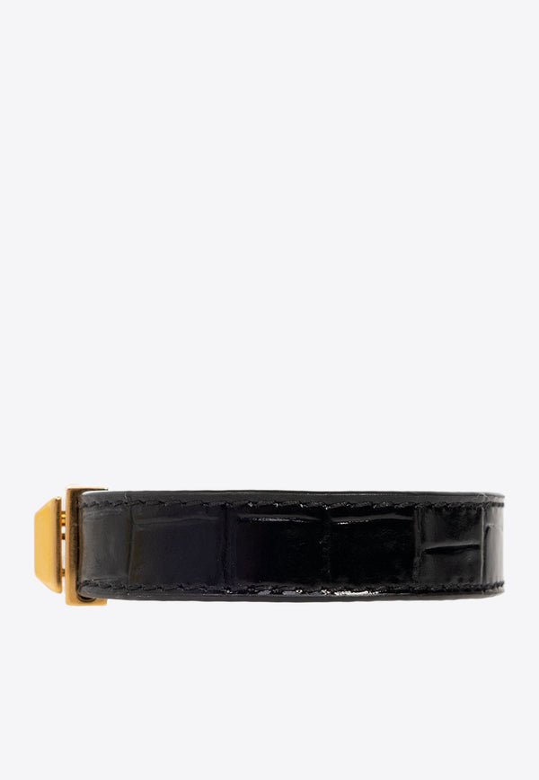 Saint Laurent Stud Croc-Embossed Leather Bracelet Black 756749 AACJI-1000