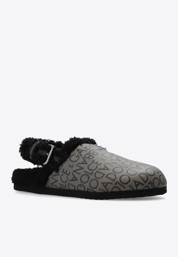 Dolce & Gabbana Logo-Jacquard Fur-Lined Slippers A80403 AO130-89875 Beige