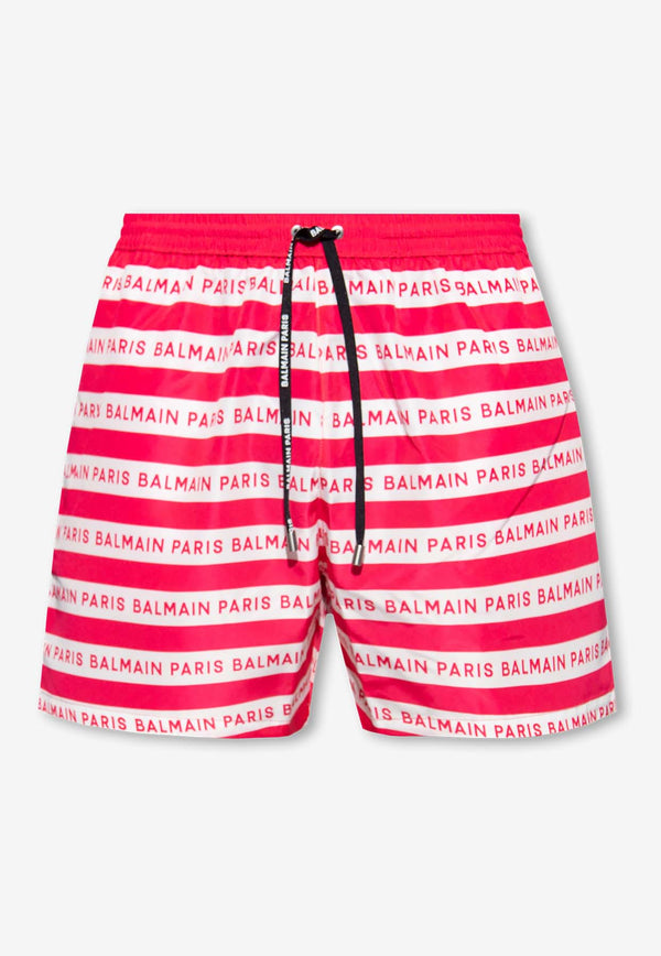 Balmain Logo Striped Swim Shorts Pink BWB641180 0-668