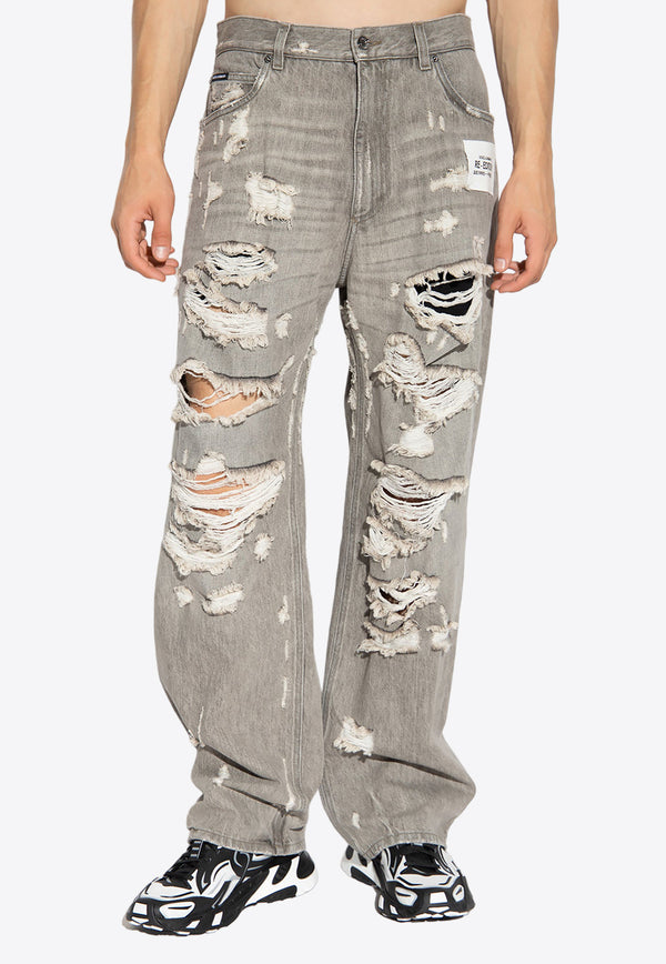 Dolce & Gabbana Logo-Patched Ripped Straight-Leg Jeans GWVNXD G8JJ8-S9001 Grey