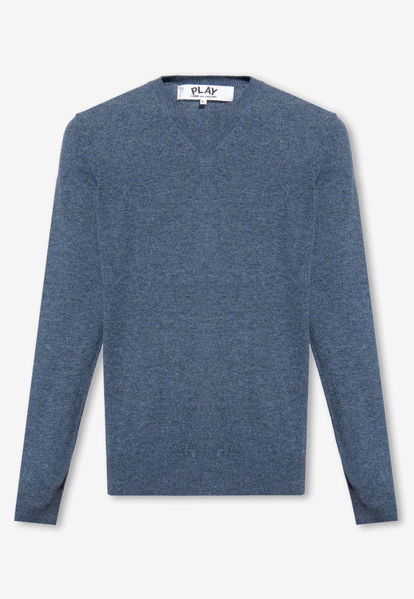 Comme Des Garçons Play V-neck Wool Sweater with Logo Embroidery Blue P1N090 0-1