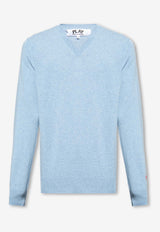 Comme Des Garçons Play V-neck Wool Sweater with Logo Embroidery Blue P1N090 0-2