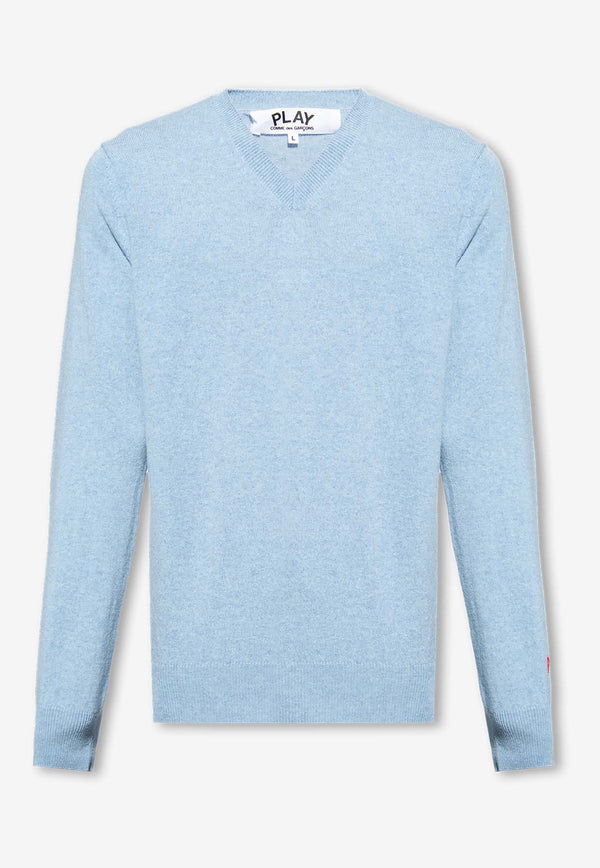 Comme Des Garçons Play V-neck Wool Sweater with Logo Embroidery Blue P1N090 0-2