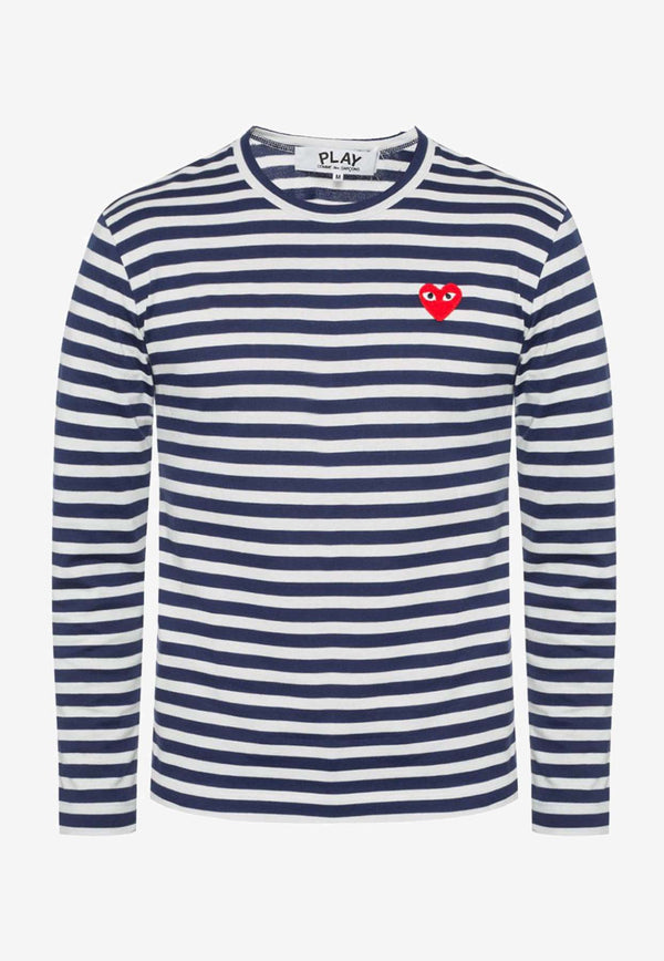 Comme Des Garçons Play Embroidered Heart Long-Sleeved Striped T-shirt Navy P1T010 0-A