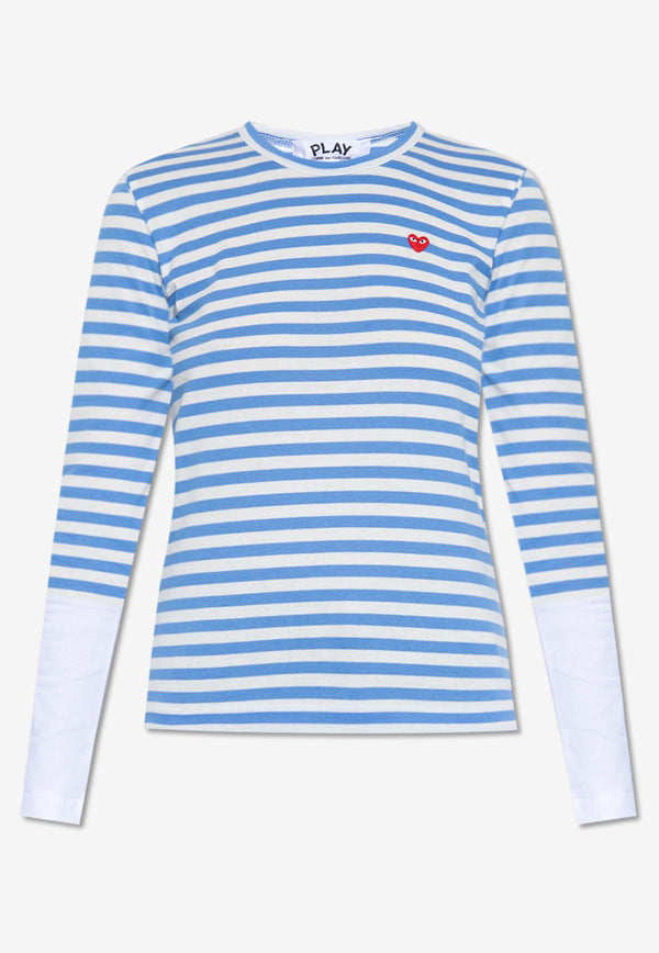 Comme Des Garçons Play Heart Patch Long-Sleeved Striped T-shirt Blue P1T319 0-1