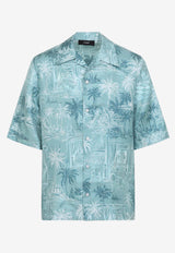 Amiri Palm-Print Bowling Shirt Blue