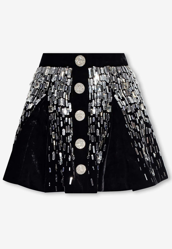 Balmain Crystal-Embellished Velour Mini Skirt Black BF0LB950 PC04-EHV
