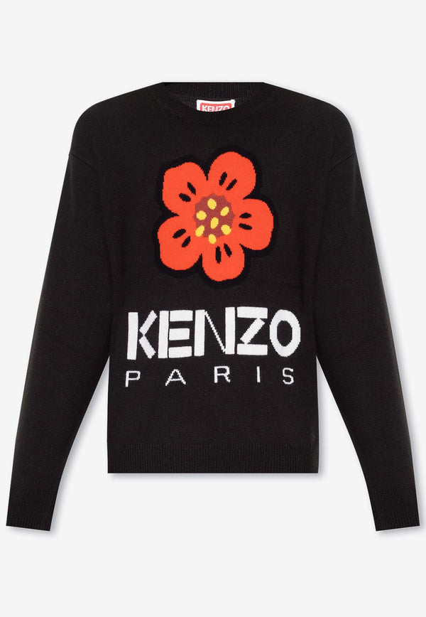 Kenzo Boke Flower Crewneck Wool Sweater Black FD65PU427 3LD-99J