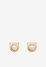 Ferragamo Flat Gancini Pearl Stud Earrings Gold 760121 STUD G PEARL 696454 STUD G PERLA CREAM
