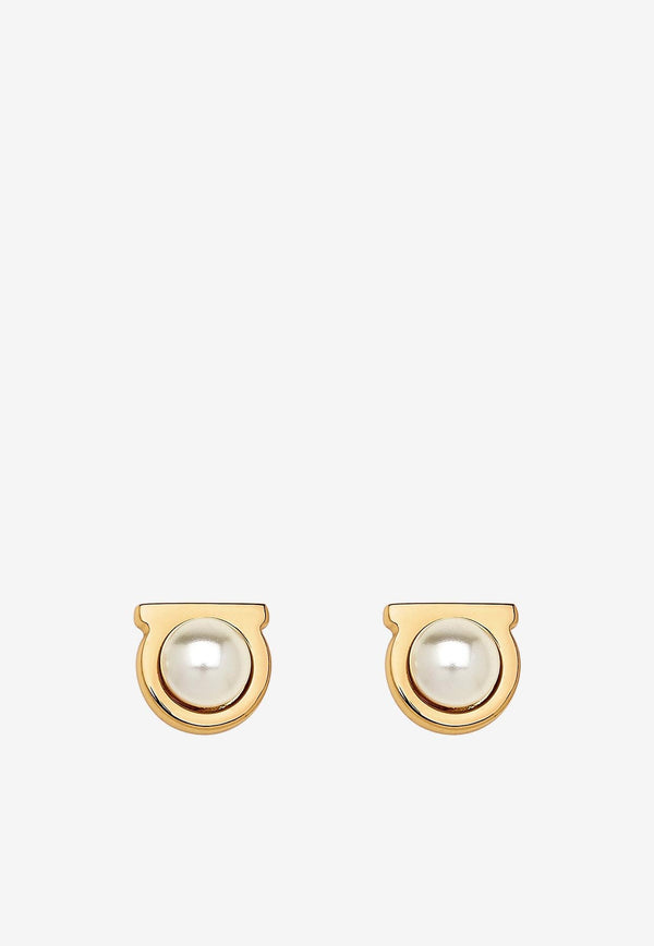 Ferragamo Flat Gancini Pearl Stud Earrings Gold 760121 STUD G PEARL 696454 STUD G PERLA CREAM
