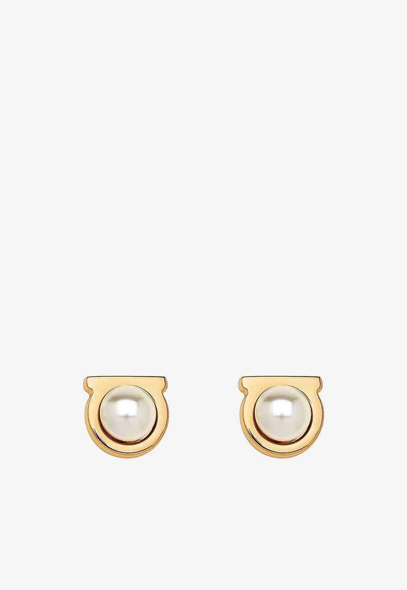 Ferragamo Flat Gancini Pearl Stud Earrings Gold 760121 STUD G PEARL 696454 STUD G PERLA CREAM