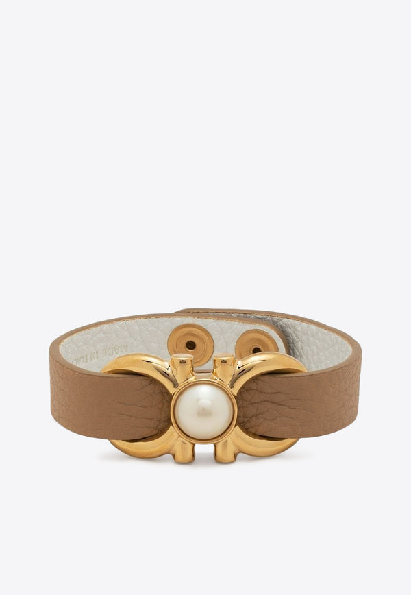 Salvatore Ferragamo Gancini Pearl Leather Bracelet Beige 760591 BR GANVINT P 756239 CASHEW/BIANCO
