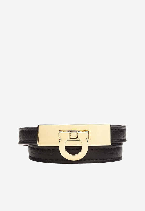 Salvatore Ferragamo Gancini Double-Twist Leather Bracelet Black 760768 BR HUG SMALL 776171 BLACK/ORO