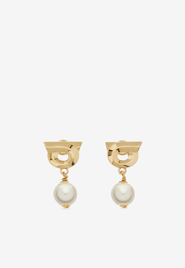 Salvatore Ferragamo Gancini Pearl Drop Earrings Gold 760780 EAR NEWGAN P 776601 ORO/PERLA