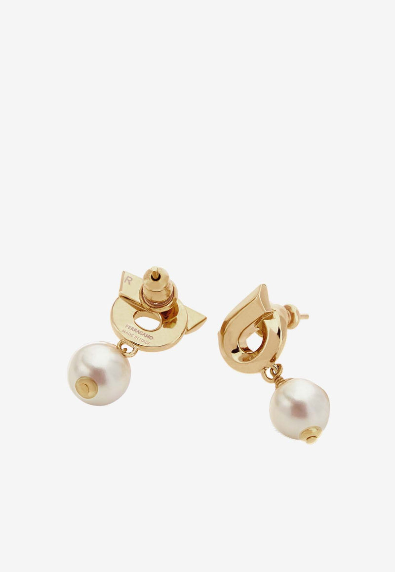 Salvatore Ferragamo Gancini Pearl Drop Earrings Gold 760780 EAR NEWGAN P 776601 ORO/PERLA