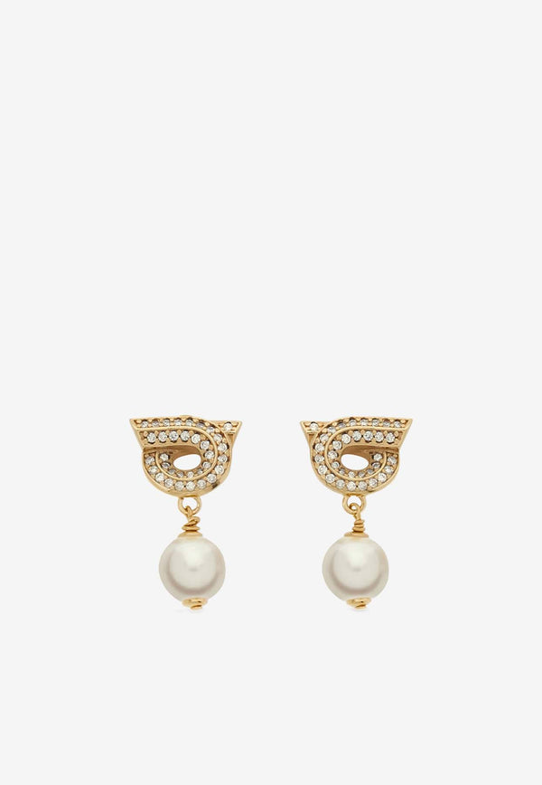 Salvatore Ferragamo Crystal Embellished Gancini Pearl Drop Earrings Gold 760781 EAR GSTR P 776604 ORO/PERLA