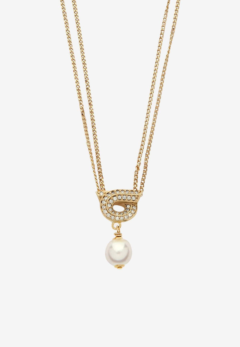 Salvatore Ferragamo Crystal Embellished Gancini Chain Necklace Gold 760783 NKL GSTR P 776608 ORO PERLA