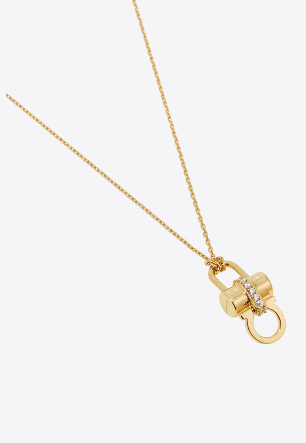 Ferragamo Gancini Padlock Pendant Necklace Gold 760876 NKL LUCSTRAS 785429 ORO/CRYSTAL