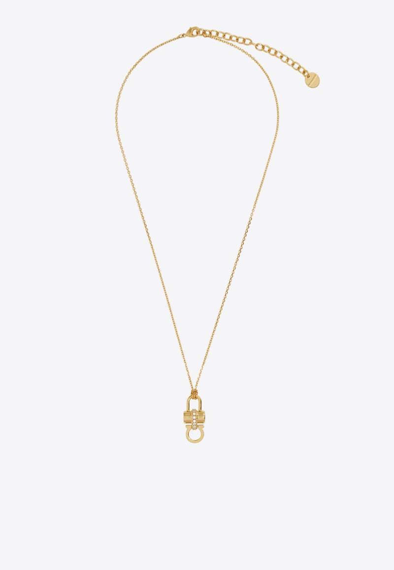 Ferragamo Gancini Padlock Pendant Necklace Gold 760876 NKL LUCSTRAS 785429 ORO/CRYSTAL