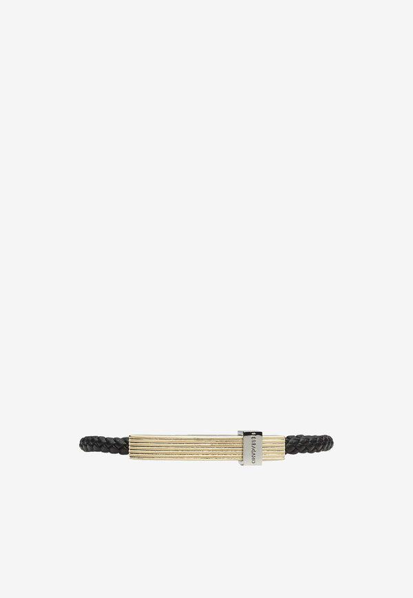 Salvatore Ferragamo Medium Braided Leather Bracelet with Metal Bar 770339 BR LIGHCUBE 771330 NERO/ORO