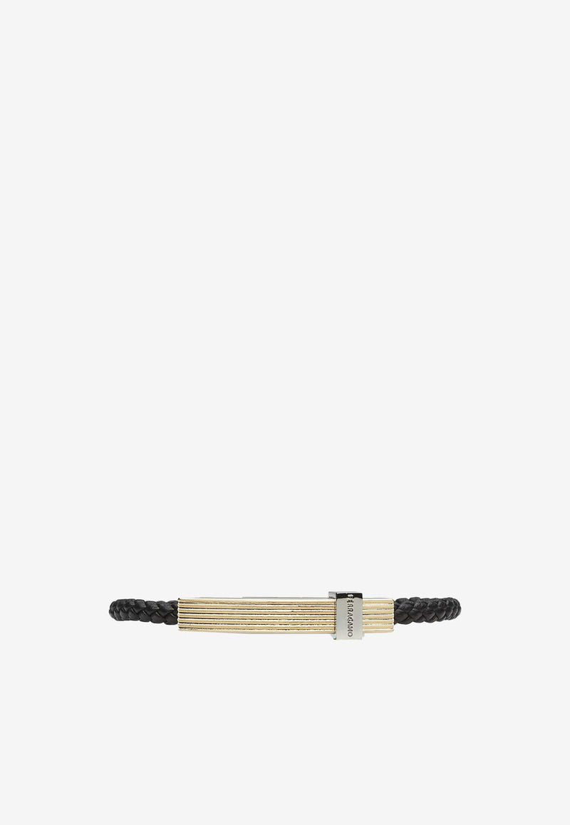 Salvatore Ferragamo Large Braided Leather Bracelet with Metal Bar 770339 BR LIGHCUBE 771331 NERO/ORO