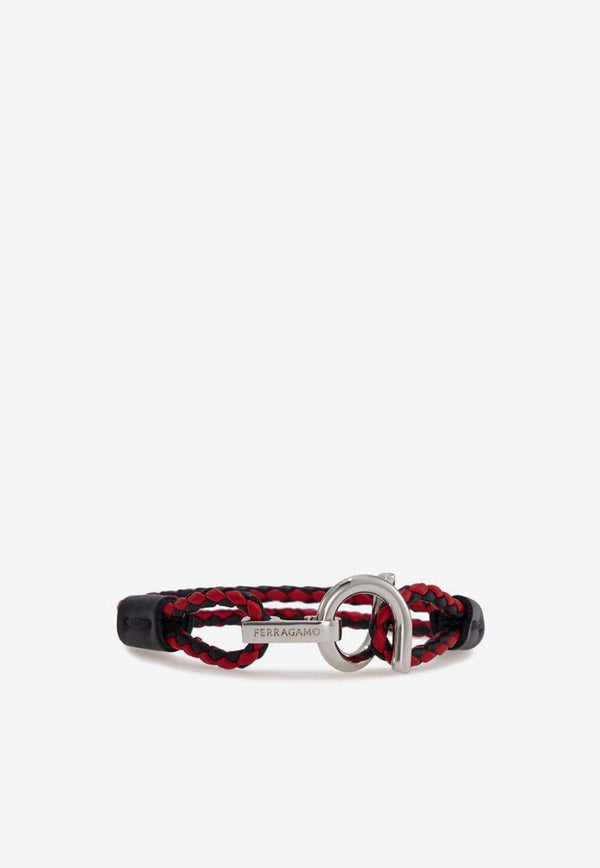 Salvatore Ferragamo Gancini Two-Tone Braided Leather Bracelet Black 770380 BR SCOO EVO 780308 PLD/BLACK/RED