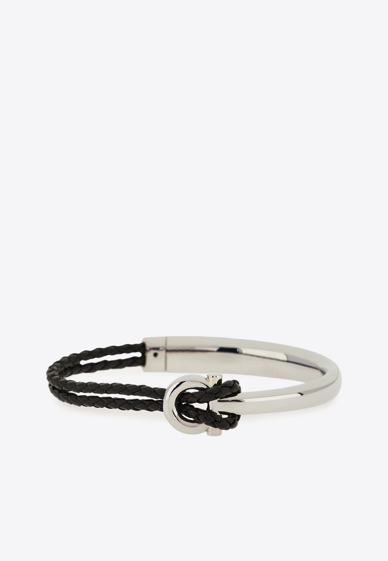 Ferragamo Gancini Braided Leather Bracelet Black 770390 BR NODO AMOR 785643 PLD/BLACK 17