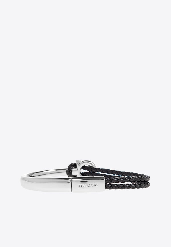 Ferragamo Gancini Braided Leather Bracelet Black 770390 BR NODO AMOR 785644 NA