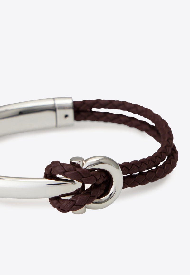 Ferragamo Gancini Braided Leather Bracelet Brown 770390 BR NODO AMOR 785648 NA