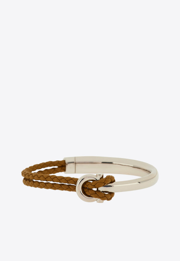 Ferragamo Gancini Braided Leather Bracelet Camel 770390 BR NODO AMOR 785651 NA