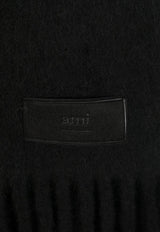 AMI PARIS Logo Patch Fringed Wool Scarf Black USF417AA0003_001