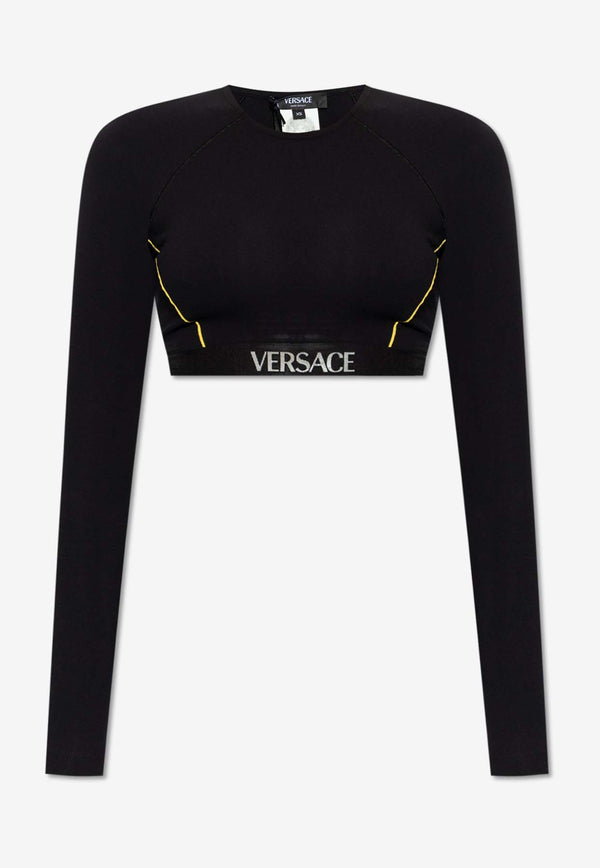 Versace Logo Waistband Long-Sleeved Crop Top Black 1013520 1A09554-1B000