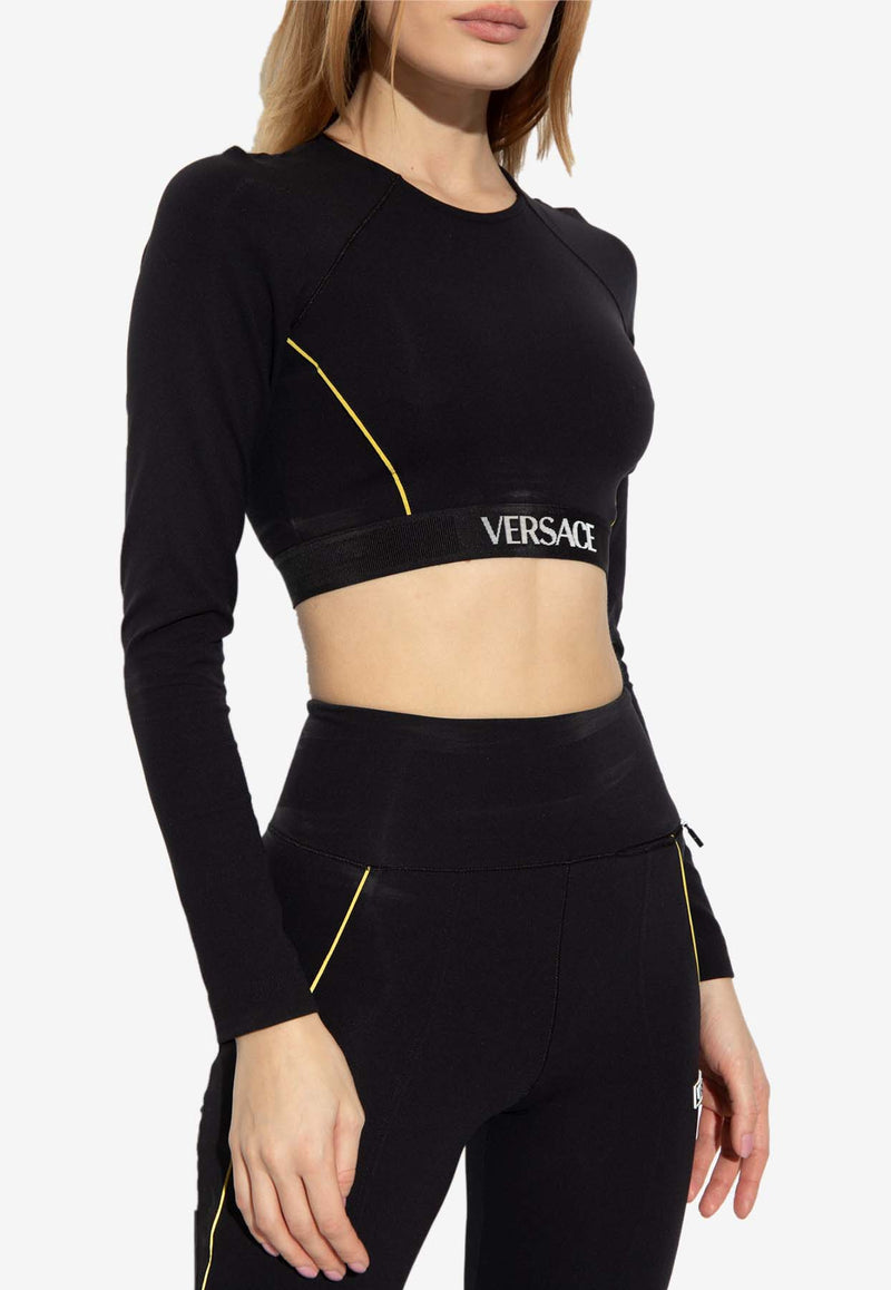 Versace Logo Waistband Long-Sleeved Crop Top Black 1013520 1A09554-1B000