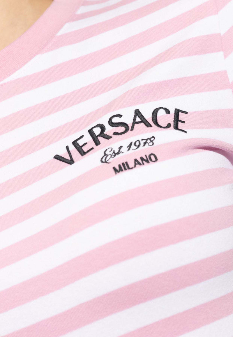 Versace Logo Embroidered Striped T-shirt Pink 1013607 1A10133-6W310