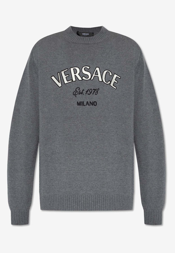 Versace Logo Embroidered Crewneck Sweater Gray 1013805 1A09659-1E510
